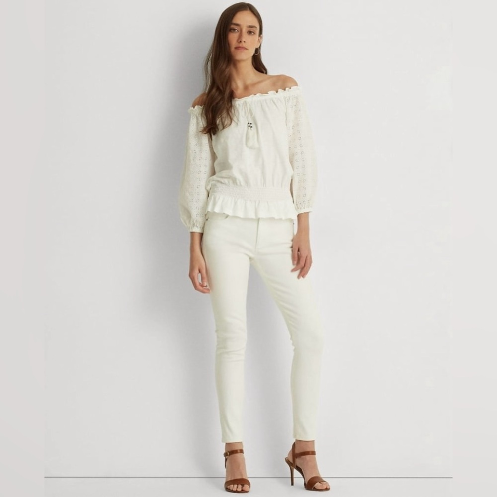 Ralph Lauren Women’s 💯 % cottonEyelet Off-The-Shoulder Pullover Top White, PM/M - Picture 3 of 9